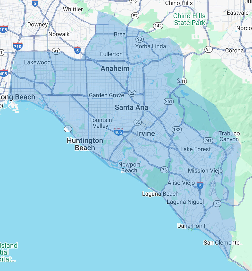 Tony's Property Care - cities that we service in Greater Orange County, CA A map displaying a shaded region over Orange County, CA. Major Cities within the service area: Prominently featured cities include Anaheim, Santa Ana, Irvine, Fullerton, Orange, Garden Grove, Fountain Valley, Huntington Beach, Newport Beach, Costa Mesa, et